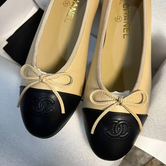 CHANEL Beige Lambskin Cap Toe Ballerina Flats - Picture 3 of 6